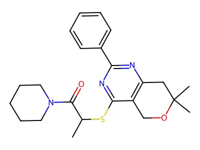 2-[(7,7-dimethyl-2-phenyl-5,8-dihydropyrano[4,3-d]pyrimidin-4-yl)sulfanyl]-1-piperidin-1-ylpropan-1-one structure
