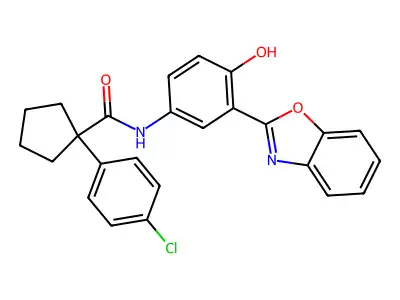 N-(3-(benzo[d]oxazol-2-yl)-4-hydroxyphenyl)-1-(4-chlorophenyl)cyclopentanecarboxamide structure