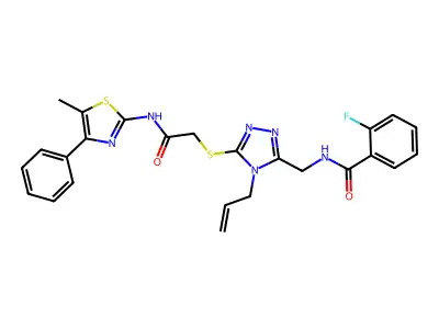 2-fluoro-N-[[5-[2-[(5-methyl-4-phenyl-1,3-thiazol-2-yl)amino]-2-oxoethyl]sulfanyl-4-prop-2-enyl-1,2,4-triazol-3-yl]methyl]benzamide structure