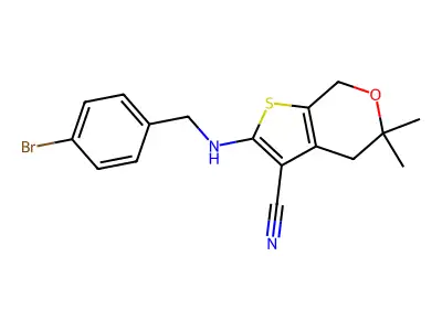 2-[(4-bromophenyl)methylamino]-5,5-dimethyl-4,7-dihydrothieno[2,3-c]pyran-3-carbonitrile structure
