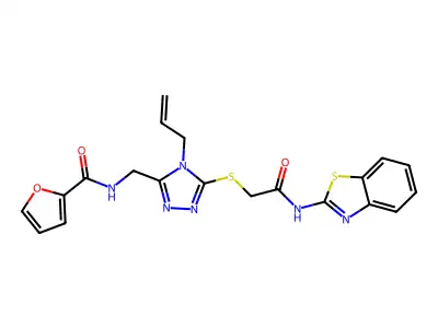 N-[[5-[2-(1,3-benzothiazol-2-ylamino)-2-oxoethyl]sulfanyl-4-prop-2-enyl-1,2,4-triazol-3-yl]methyl]furan-2-carboxamide structure