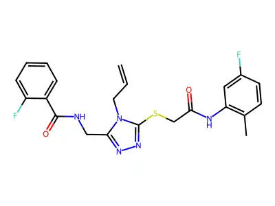 2-fluoro-N-[[5-[2-(5-fluoro-2-methylanilino)-2-oxoethyl]sulfanyl-4-prop-2-enyl-1,2,4-triazol-3-yl]methyl]benzamide structure