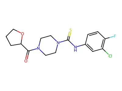 N-(3-chloro-4-fluorophenyl)-4-(oxolane-2-carbonyl)piperazine-1-carbothioamide structure
