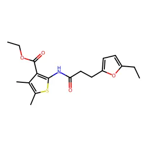 Ethyl 2-(3-(5-ethylfuran-2-yl)propanamido)-4,5-dimethylthiophene-3-carboxylate structure