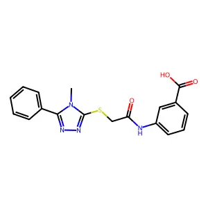 3-({[(4-methyl-5-phenyl-4H-1,2,4-triazol-3-yl)sulfanyl]acetyl}amino)benzoic acid structure