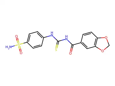 N-[(4-sulfamoylanilino)-sulfanylidenemethyl]-1,3-benzodioxole-5-carboxamide structure