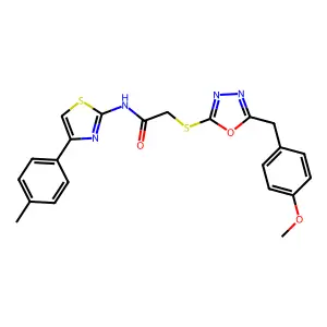 2-[[5-[(4-methoxyphenyl)methyl]-1,3,4-oxadiazol-2-yl]sulfanyl]-N-[4-(4-methylphenyl)-1,3-thiazol-2-yl]acetamide structure