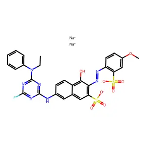 2-Naphthalenesulfonic acid, 7-((4-(ethylphenylamino)-6-fluoro-1,3,5-triazin-2-yl)amino)-4-hydroxy-3-((4-methoxy-2-sulfophenyl)azo)-, disodium salt structure