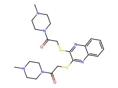 2,2'-(quinoxaline-2,3-diylbis(sulfanediyl))bis(1-(4-methylpiperazin-1-yl)ethanone) structure