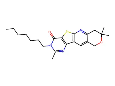 3-heptyl-2,8,8-trimethyl-7,8-dihydro-3H-pyrano[3'',4'':5',6']pyrido[3',2':4,5]thieno[3,2-d]pyrimidin-4(10H)-one structure