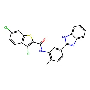 N-[5-(1H-benzimidazol-2-yl)-2-methylphenyl]-3,6-dichloro-1-benzothiophene-2-carboxamide structure