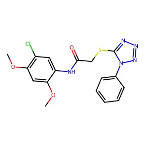 N-(5-chloro-2,4-dimethoxyphenyl)-2-(1-phenyltetrazol-5-yl)sulfanylacetamide structure
