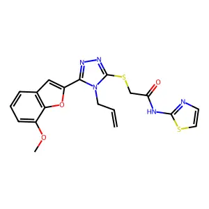 2-[[5-(7-methoxy-1-benzofuran-2-yl)-4-prop-2-enyl-1,2,4-triazol-3-yl]sulfanyl]-N-(1,3-thiazol-2-yl)acetamide structure