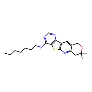 N-heptyl-8,8-dimethyl-8,10-dihydro-7H-pyrano[3'',4'':5',6']pyrido[3',2':4,5]thieno[3,2-d]pyrimidin-4-amine structure
