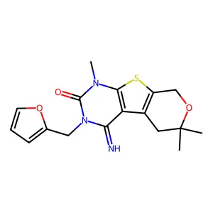 3-(furan-2-ylmethyl)-4-imino-1,6,6-trimethyl-1,3,4,5,6,8-hexahydro-2H-pyrano[4',3':4,5]thieno[2,3-d]pyrimidin-2-one structure