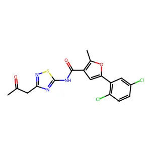 5-(2,5-dichlorophenyl)-2-methyl-N-[3-(2-oxopropyl)-1,2,4-thiadiazol-5-yl]furan-3-carboxamide structure