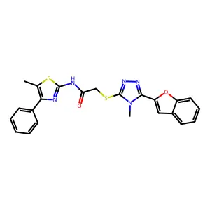 2-[[5-(1-benzofuran-2-yl)-4-methyl-1,2,4-triazol-3-yl]sulfanyl]-N-(5-methyl-4-phenyl-1,3-thiazol-2-yl)acetamide structure