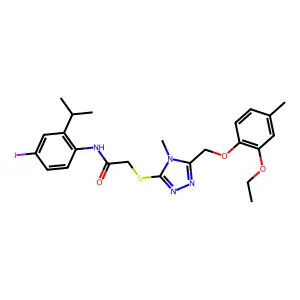 2-({5-[(2-ethoxy-4-methylphenoxy)methyl]-4-methyl-4H-1,2,4-triazol-3-yl}sulfanyl)-N-[4-iodo-2-(propan-2-yl)phenyl]acetamide structure