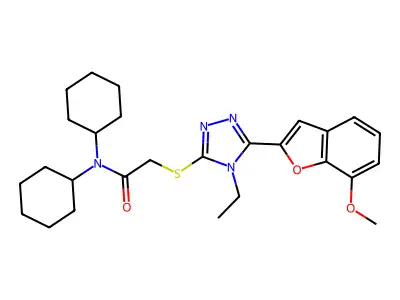 N,N-dicyclohexyl-2-[[4-ethyl-5-(7-methoxy-1-benzofuran-2-yl)-1,2,4-triazol-3-yl]sulfanyl]acetamide structure