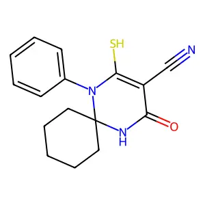 4-Oxo-1-phenyl-2-sulfanyl-1,5-diazaspiro[5.5]undec-2-ene-3-carbonitrile structure