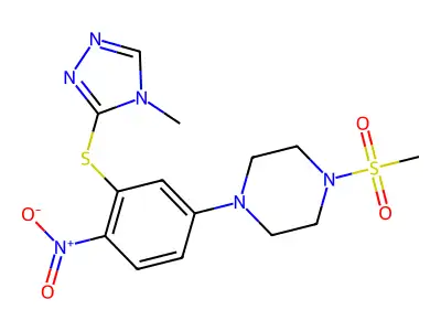 1-methylsulfonyl-4-[3-[(4-methyl-1,2,4-triazol-3-yl)sulfanyl]-4-nitrophenyl]piperazine structure