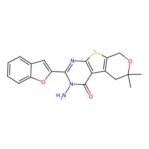 3-amino-2-(1-benzofuran-2-yl)-6,6-dimethyl-3,5,6,8-tetrahydro-4H-pyrano[4',3':4,5]thieno[2,3-d]pyrimidin-4-one structure