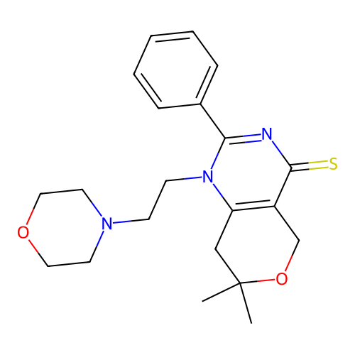 7,7-dimethyl-1-(2-morpholinoethyl)-2-phenyl-7,8-dihydro-1H-pyrano[4,3-d]pyrimidine-4(5H)-thione structure