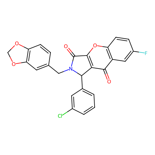 2-(1,3-benzodioxol-5-ylmethyl)-1-(3-chlorophenyl)-7-fluoro-1,2-dihydrochromeno[2,3-c]pyrrole-3,9-dione structure