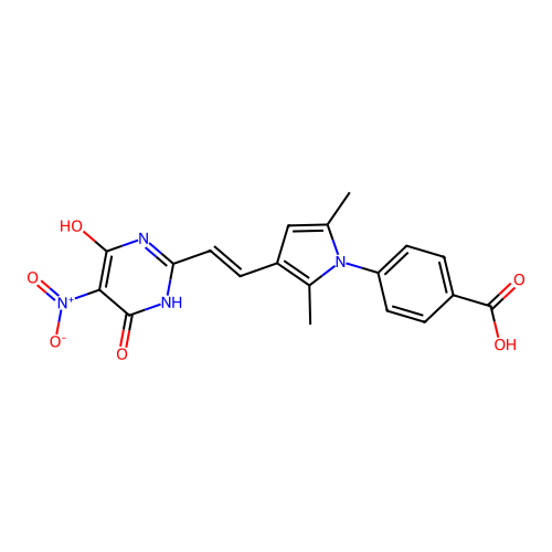 (E)-4-(3-(2-(4-hydroxy-5-nitro-6-oxo-1,6-dihydropyrimidin-2-yl)vinyl)-2,5-dimethyl-1H-pyrrol-1-yl)benzoic acid structure