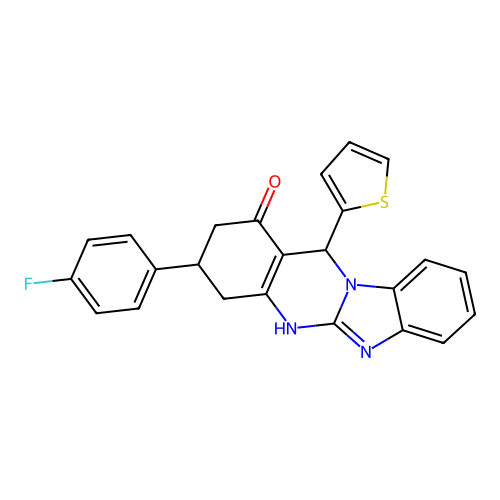 3-(4-fluorophenyl)-12-(2-thienyl)-3,4,5,12-tetrahydrobenzimidazo[2,1-b]quinazolin-1(2H)-one structure