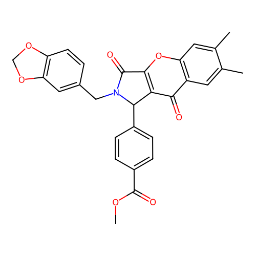 methyl 4-[2-(1,3-benzodioxol-5-ylmethyl)-6,7-dimethyl-3,9-dioxo-1,2,3,9-tetrahydrochromeno[2,3-c]pyrrol-1-yl]benzoate structure