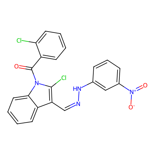 [2-chloro-3-[(Z)-[(3-nitrophenyl)hydrazinylidene]methyl]indol-1-yl]-(2-chlorophenyl)methanone structure