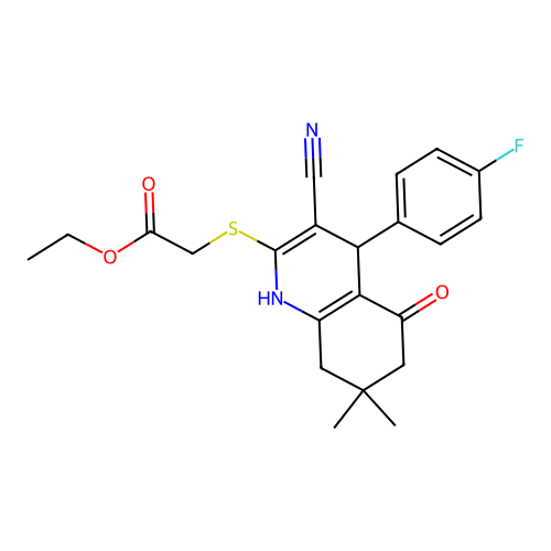 ethyl {[3-cyano-4-(4-fluorophenyl)-7,7-dimethyl-5-oxo-1,4,5,6,7,8-hexahydroquinolin-2-yl]sulfanyl}acetate structure