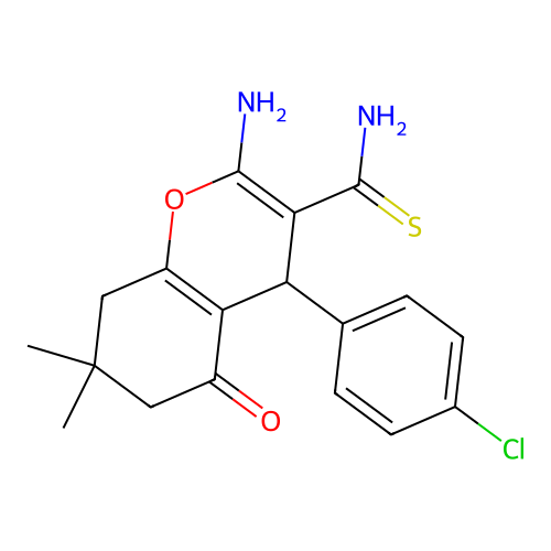 2-amino-4-(4-chlorophenyl)-7,7-dimethyl-5-oxo-6,8-dihydro-4H-chromene-3-carbothioamide structure