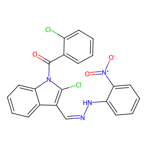 [2-chloro-3-[(Z)-[(2-nitrophenyl)hydrazinylidene]methyl]indol-1-yl]-(2-chlorophenyl)methanone structure
