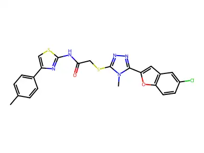 2-[[5-(5-chloro-1-benzofuran-2-yl)-4-methyl-1,2,4-triazol-3-yl]sulfanyl]-N-[4-(4-methylphenyl)-1,3-thiazol-2-yl]acetamide structure