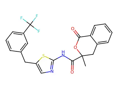 3-methyl-1-oxo-N-{5-[3-(trifluoromethyl)benzyl]-1,3-thiazol-2-yl}-3,4-dihydro-1H-isochromene-3-carboxamide structure