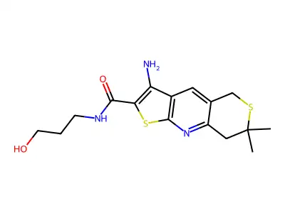 3-amino-N-(3-hydroxypropyl)-7,7-dimethyl-7,8-dihydro-5H-thieno[2,3-b]thiopyrano[3,4-e]pyridine-2-carboxamide structure