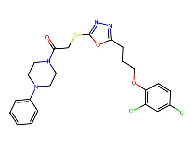 2-({5-[3-(2,4-dichlorophenoxy)propyl]-1,3,4-oxadiazol-2-yl}sulfanyl)-1-(4-phenylpiperazin-1-yl)ethanone structure