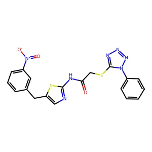N-[5-[(3-nitrophenyl)methyl]-1,3-thiazol-2-yl]-2-(1-phenyltetrazol-5-yl)sulfanylacetamide structure