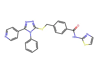 4-[(4-phenyl-5-pyridin-4-yl-1,2,4-triazol-3-yl)sulfanylmethyl]-N-(1,3-thiazol-2-yl)benzamide structure