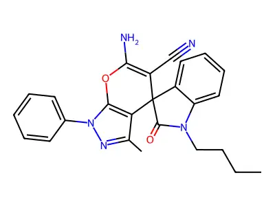 6'-amino-1-butyl-3'-methyl-2-oxo-1'-phenylspiro[indole-3,4'-pyrano[2,3-c]pyrazole]-5'-carbonitrile structure