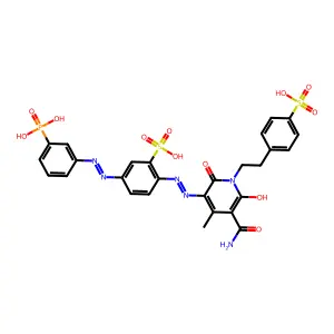 2-((5-Carbamoyl-1,6-dihydro-2-hydroxy-4-methyl-6-oxo-1-(2-(4-sulphophenyl)ethyl)-3-pyridyl)azo)-5-((3-phosphonophenyl)azo)benzenesulphonic acid structure