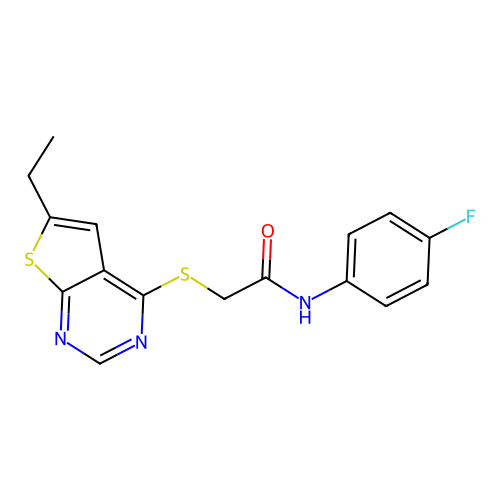 2-(6-ethylthiopheno[3,2-e]pyrimidin-4-ylthio)-N-(4-fluorophenyl)acetamide structure