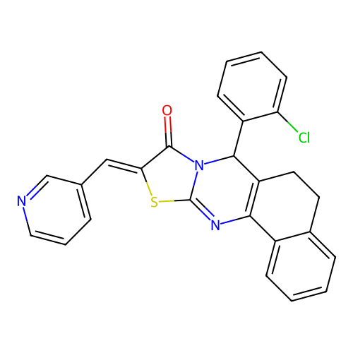 (10Z)-7-(2-chlorophenyl)-10-(pyridin-3-ylmethylidene)-5,7-dihydro-6H-benzo[h][1,3]thiazolo[2,3-b]quinazolin-9(10H)-one structure
