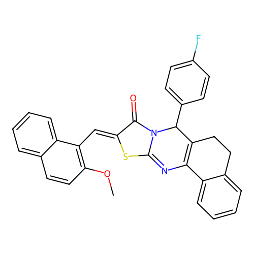 (10Z)-7-(4-fluorophenyl)-10-[(2-methoxynaphthalen-1-yl)methylidene]-5,7-dihydro-6H-benzo[h][1,3]thiazolo[2,3-b]quinazolin-9(10H)-one structure