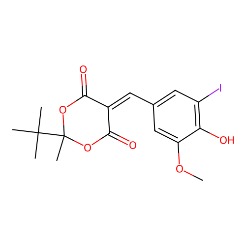 2-(tert-butyl)-5-(4-hydroxy-3-iodo-5-methoxybenzylidene)-2-methyl-1,3-dioxane-4,6-dione structure
