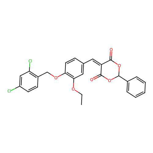 5-(4-((2,4-dichlorobenzyl)oxy)-3-ethoxybenzylidene)-2-phenyl-1,3-dioxane-4,6-dione structure
