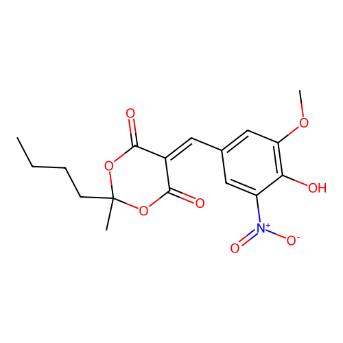 2-butyl-5-(4-hydroxy-3-methoxy-5-nitrobenzylidene)-2-methyl-1,3-dioxane-4,6-dione structure
