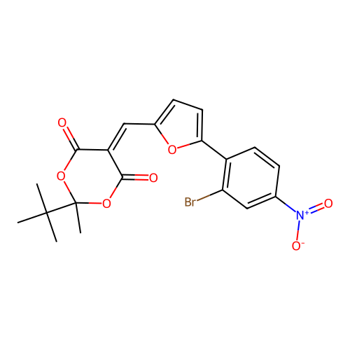 2-(tert-butyl)-5-{[5-(2-bromo-4-nitrophenyl)(2-furyl)]methylene}-2-methyl-1,3- dioxane-4,6-dione structure